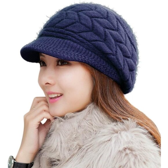 Women Winter Warm Knit Hat Wool Snow Ski Caps with Visor  〽️Women’s Navy Winter Warm Knit Wool Snow Ski Hat with Visor